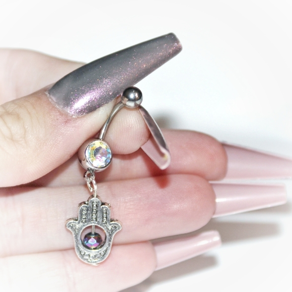 Crystal Hamsa Hand Belly Ring - Picture 4 of 16